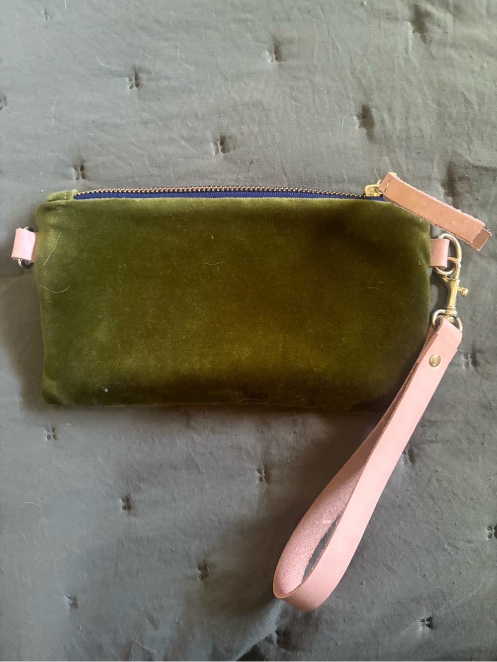 NWOT Olive Green Velvet Wristlet with Pink Leather Strap